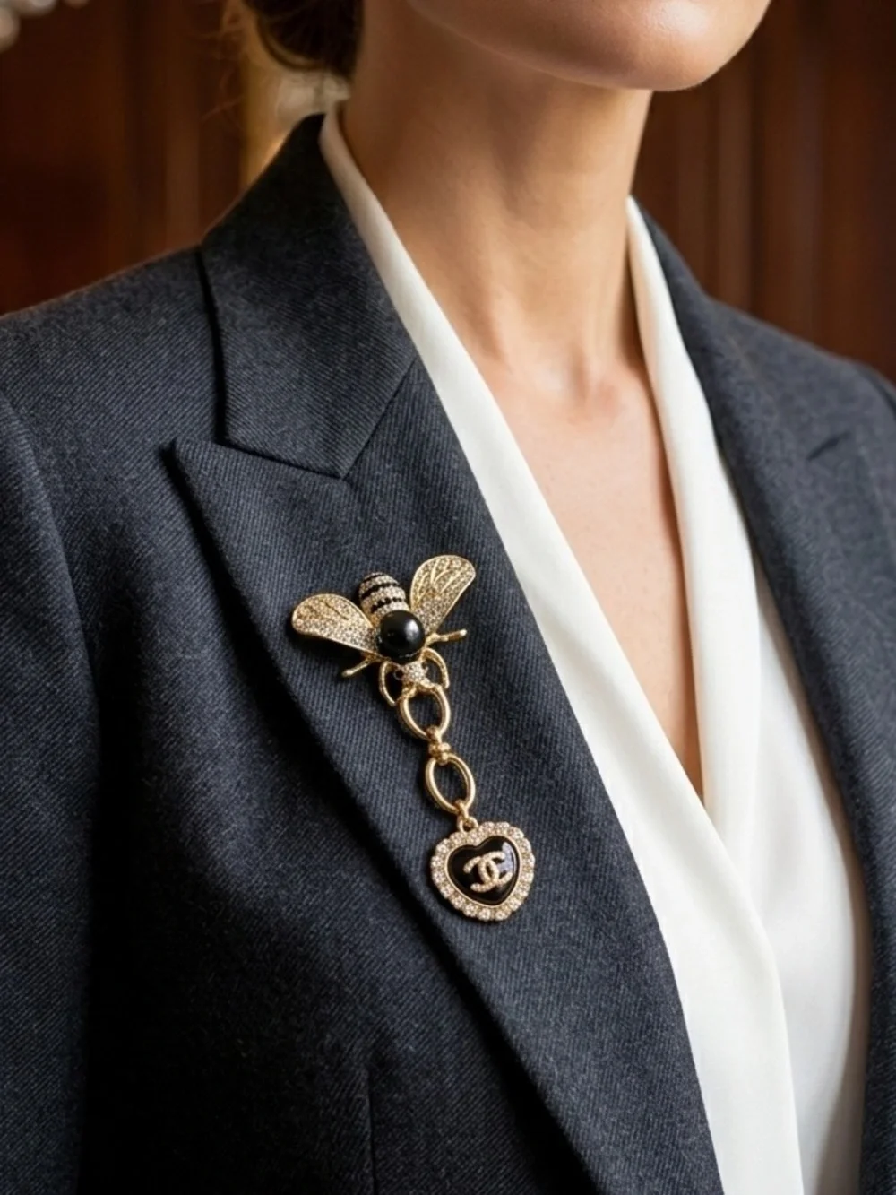 Gold Bee Brooch with Black Enamel Heart and Crystal Accents